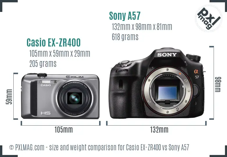 Casio EX-ZR400 vs Sony A57 size comparison