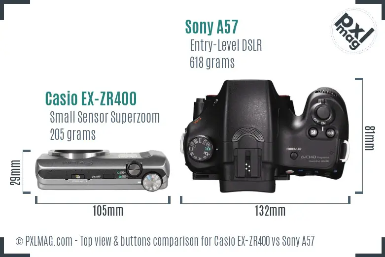 Casio EX-ZR400 vs Sony A57 top view buttons comparison