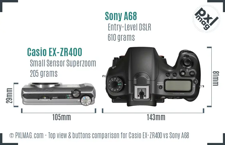 Casio EX-ZR400 vs Sony A68 top view buttons comparison Casio EX-ZR400 vs Sony A68 top view buttons comparison
