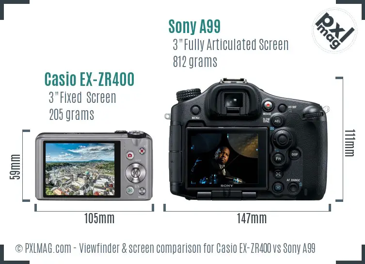 Casio EX-ZR400 vs Sony A99 Screen and Viewfinder comparison