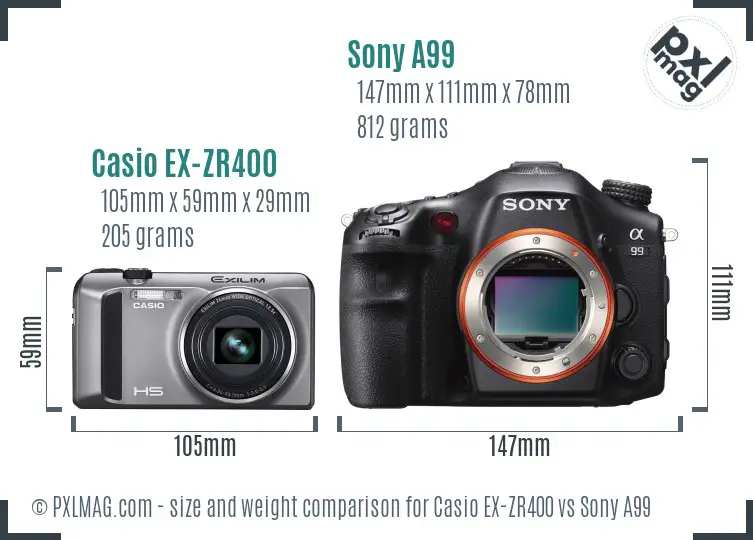 Casio EX-ZR400 vs Sony A99 size comparison