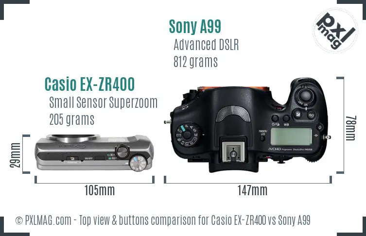 Casio EX-ZR400 vs Sony A99 top view buttons comparison