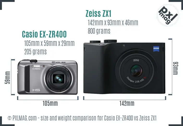 Casio EX-ZR400 vs Zeiss ZX1 size comparison