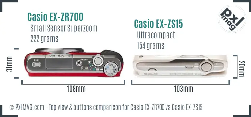 Casio EX-ZR700 vs Casio EX-ZS15 top view buttons comparison Casio EX-ZR700 vs Casio EX-ZS15 top view buttons comparison