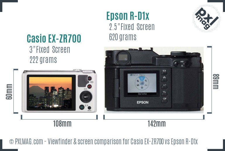 Casio EX-ZR700 vs Epson R-D1x Screen and Viewfinder comparison