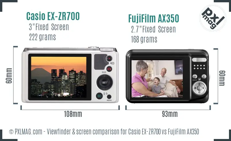 Casio EX-ZR700 vs FujiFilm AX350 Screen and Viewfinder comparison