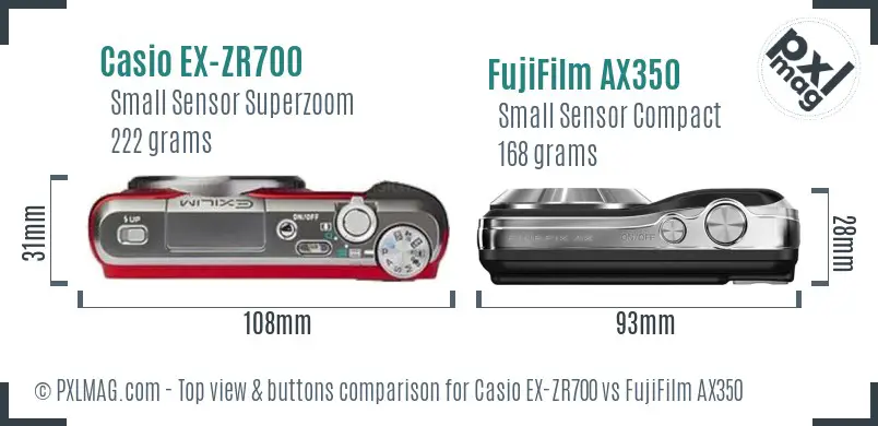 Casio EX-ZR700 vs FujiFilm AX350 top view buttons comparison