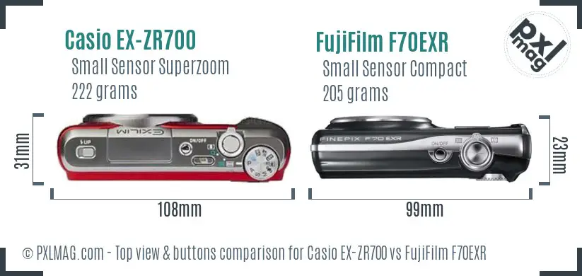 Casio EX-ZR700 vs FujiFilm F70EXR top view buttons comparison Casio EX-ZR700 vs FujiFilm F70EXR top view buttons comparison