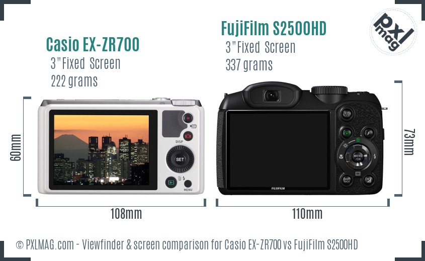 Casio EX-ZR700 vs FujiFilm S2500HD Screen and Viewfinder comparison