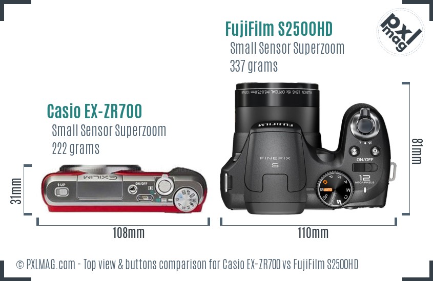 Casio EX-ZR700 vs FujiFilm S2500HD top view buttons comparison