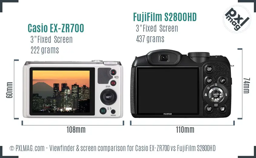 Casio EX-ZR700 vs FujiFilm S2800HD Screen and Viewfinder comparison