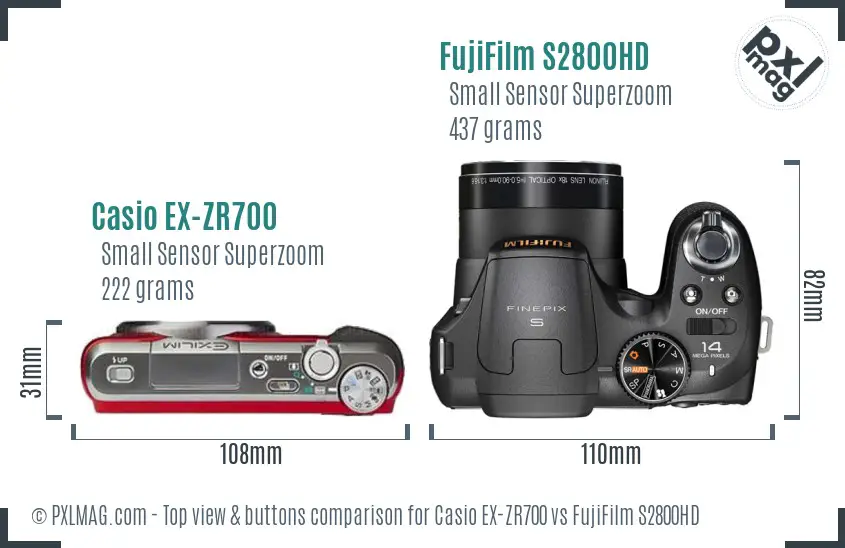 Casio EX-ZR700 vs FujiFilm S2800HD top view buttons comparison