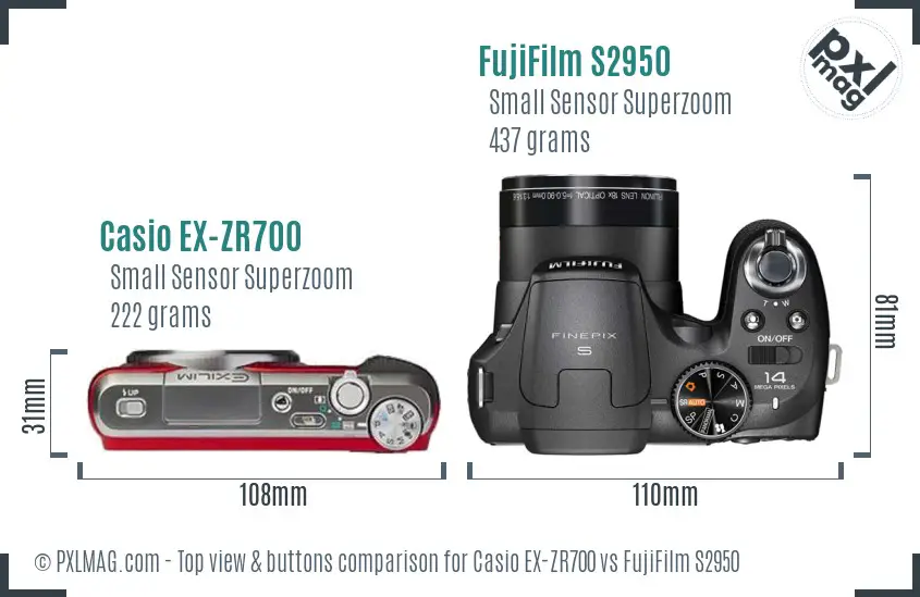 Casio EX-ZR700 vs FujiFilm S2950 top view buttons comparison