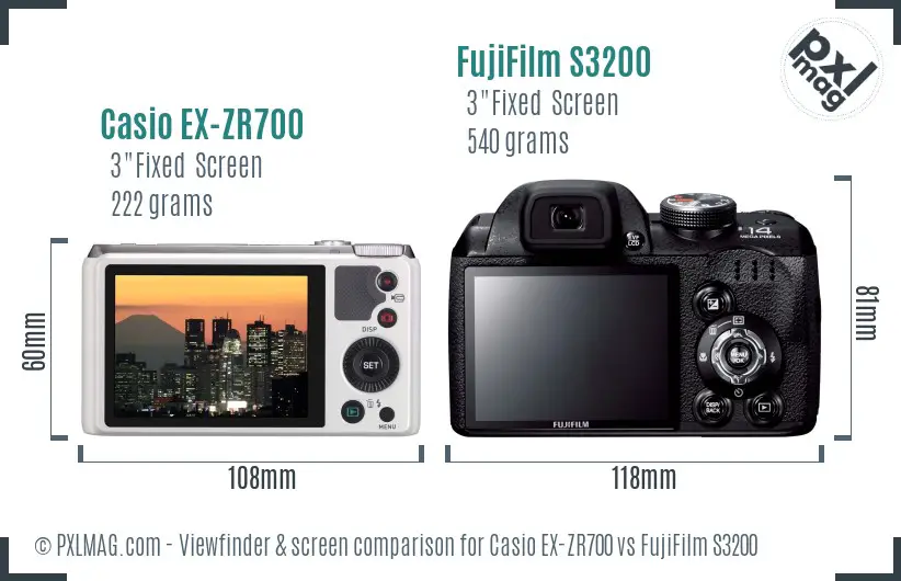 Casio EX-ZR700 vs FujiFilm S3200 Screen and Viewfinder comparison
