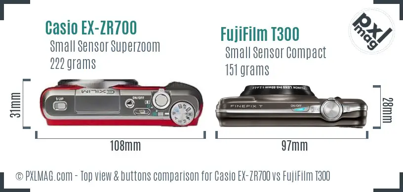 Casio EX-ZR700 vs FujiFilm T300 top view buttons comparison Casio EX-ZR700 vs FujiFilm T300 top view buttons comparison