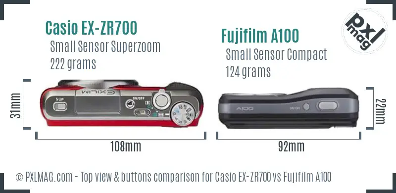 Casio EX-ZR700 vs Fujifilm A100 top view buttons comparison
