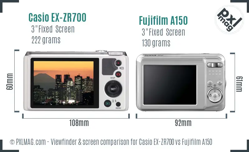 Casio EX-ZR700 vs Fujifilm A150 Screen and Viewfinder comparison