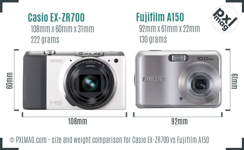Casio EX-ZR700 vs Fujifilm A150 size comparison