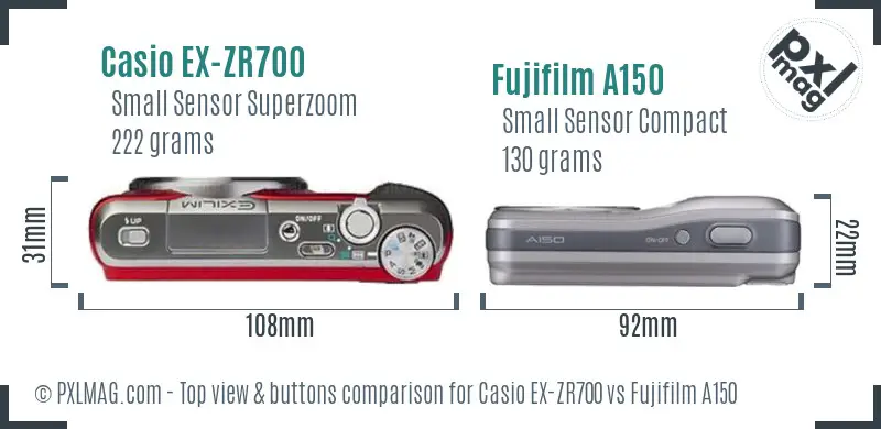 Casio EX-ZR700 vs Fujifilm A150 top view buttons comparison