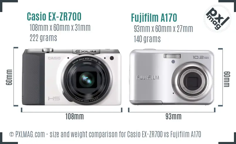 Casio EX-ZR700 vs Fujifilm A170 size comparison