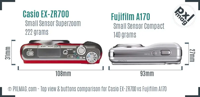 Casio EX-ZR700 vs Fujifilm A170 top view buttons comparison