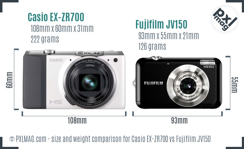 Casio EX-ZR700 vs Fujifilm JV150 size comparison