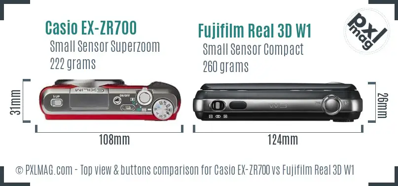 Casio EX-ZR700 vs Fujifilm Real 3D W1 top view buttons comparison Casio EX-ZR700 vs Fujifilm Real 3D W1 top view buttons comparison