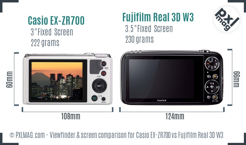 Casio EX-ZR700 vs Fujifilm Real 3D W3 Screen and Viewfinder comparison