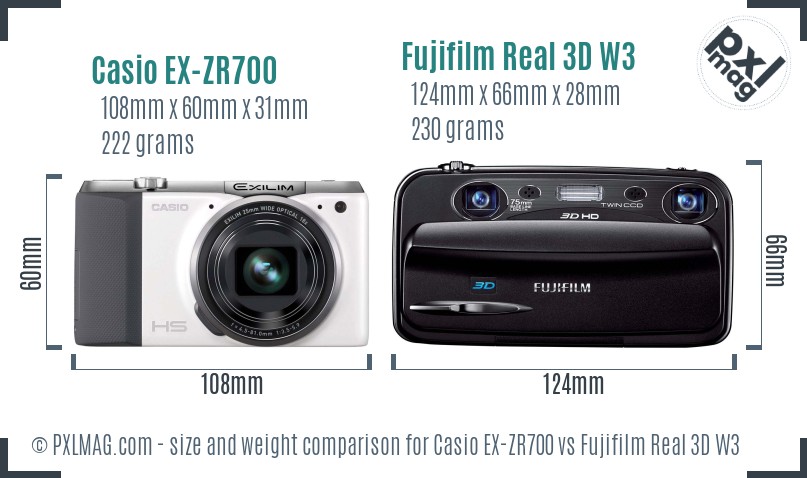 Casio EX-ZR700 vs Fujifilm Real 3D W3 size comparison