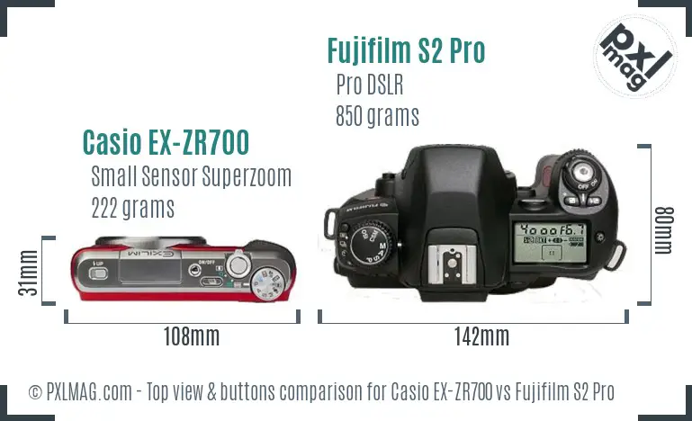 Casio EX-ZR700 vs Fujifilm S2 Pro top view buttons comparison