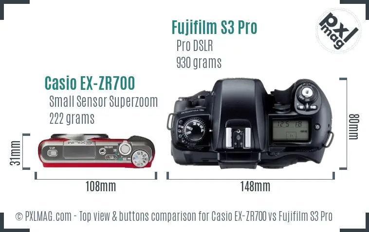 Casio EX-ZR700 vs Fujifilm S3 Pro top view buttons comparison Casio EX-ZR700 vs Fujifilm S3 Pro top view buttons comparison