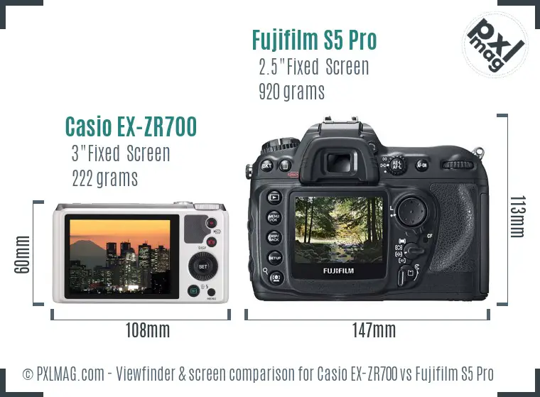 Casio EX-ZR700 vs Fujifilm S5 Pro Screen and Viewfinder comparison