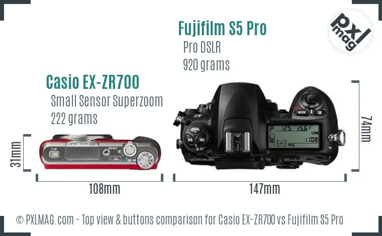 Casio EX-ZR700 vs Fujifilm S5 Pro top view buttons comparison