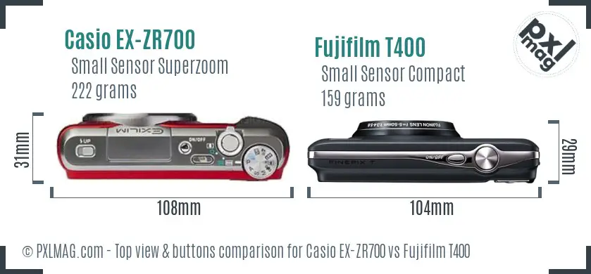 Casio EX-ZR700 vs Fujifilm T400 top view buttons comparison Casio EX-ZR700 vs Fujifilm T400 top view buttons comparison