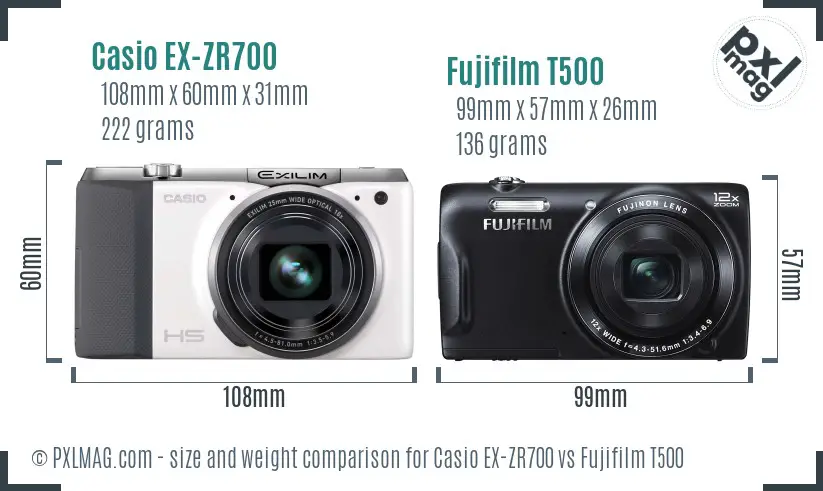 Casio EX-ZR700 vs Fujifilm T500 size comparison