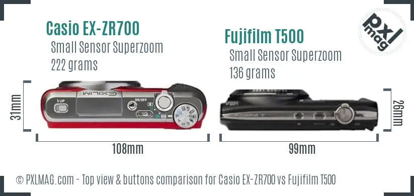 Casio EX-ZR700 vs Fujifilm T500 top view buttons comparison