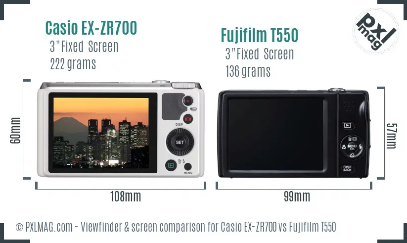 Casio EX-ZR700 vs Fujifilm T550 Screen and Viewfinder comparison