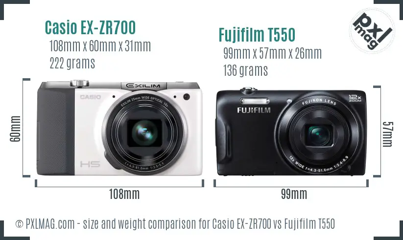 Casio EX-ZR700 vs Fujifilm T550 size comparison
