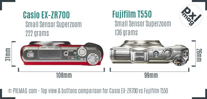 Casio EX-ZR700 vs Fujifilm T550 top view buttons comparison
