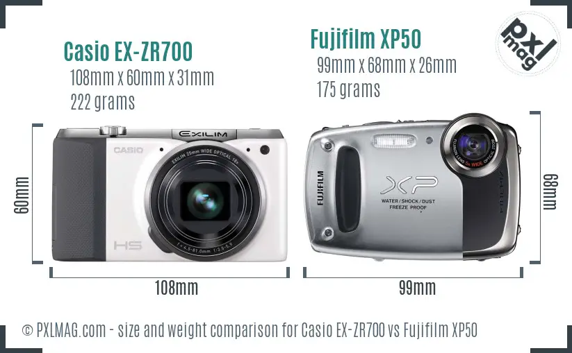 Casio EX-ZR700 vs Fujifilm XP50 size comparison