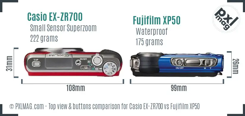 Casio EX-ZR700 vs Fujifilm XP50 top view buttons comparison