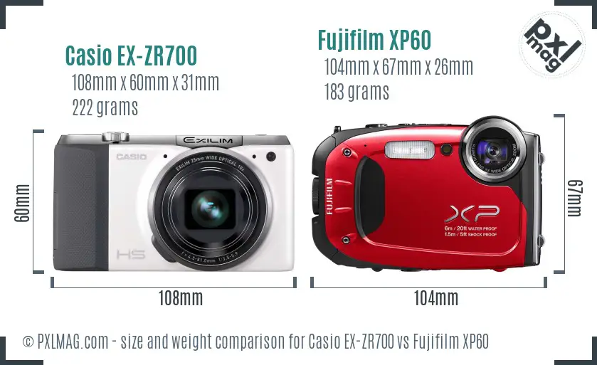 Casio EX-ZR700 vs Fujifilm XP60 size comparison