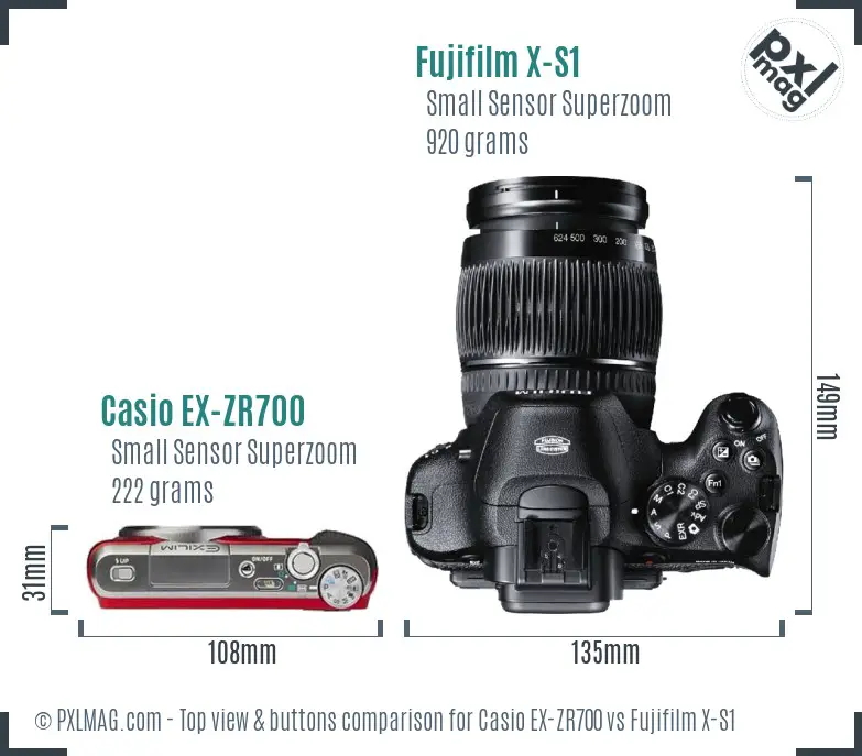 Casio EX-ZR700 vs Fujifilm X-S1 top view buttons comparison