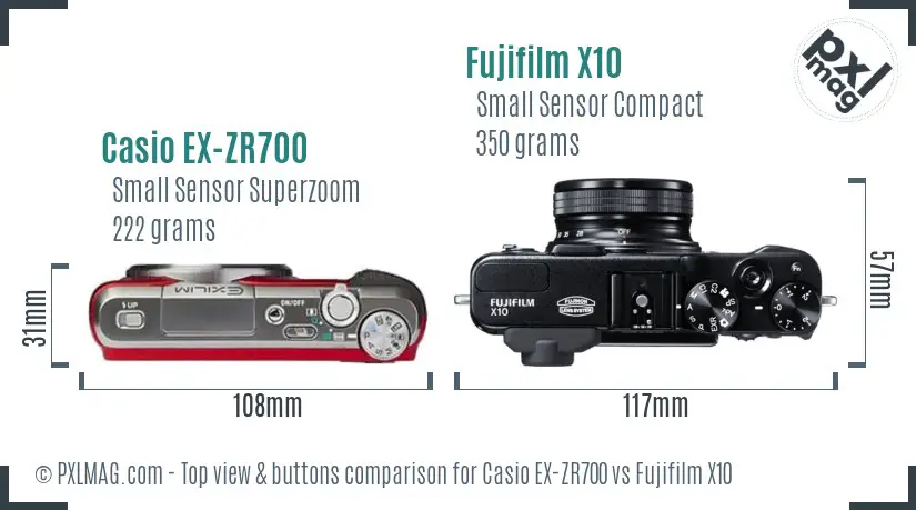 Casio EX-ZR700 vs Fujifilm X10 top view buttons comparison Casio EX-ZR700 vs Fujifilm X10 top view buttons comparison