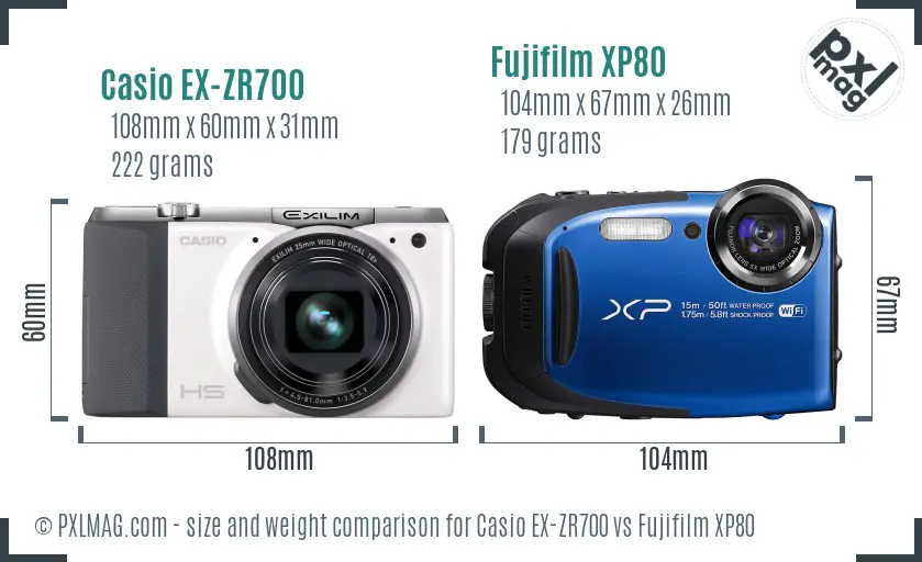 Casio EX-ZR700 vs Fujifilm XP80 size comparison
