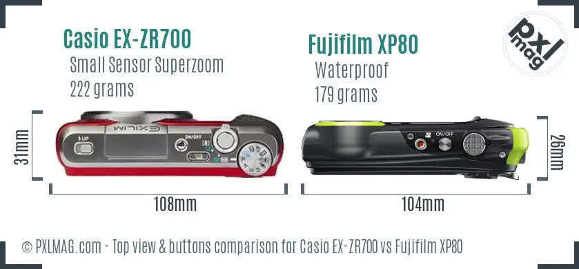 Casio EX-ZR700 vs Fujifilm XP80 top view buttons comparison
