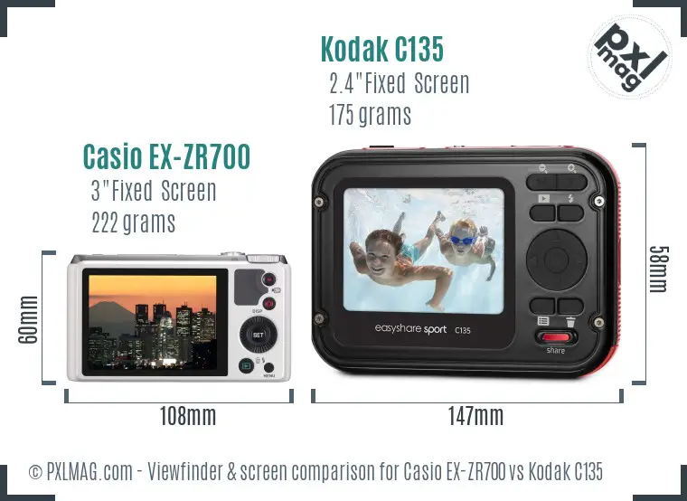 Casio EX-ZR700 vs Kodak C135 Screen and Viewfinder comparison