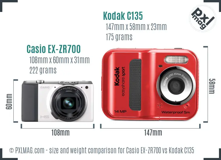 Casio EX-ZR700 vs Kodak C135 size comparison