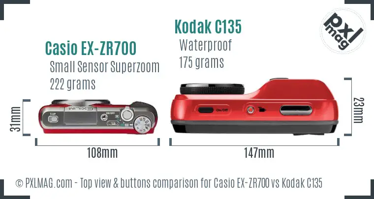Casio EX-ZR700 vs Kodak C135 top view buttons comparison