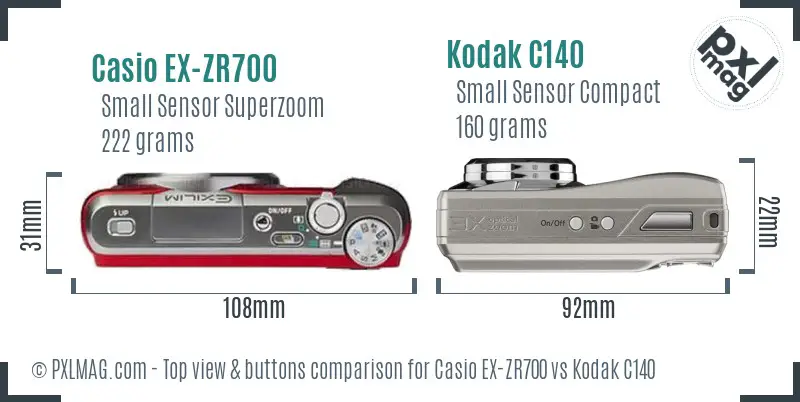 Casio EX-ZR700 vs Kodak C140 top view buttons comparison